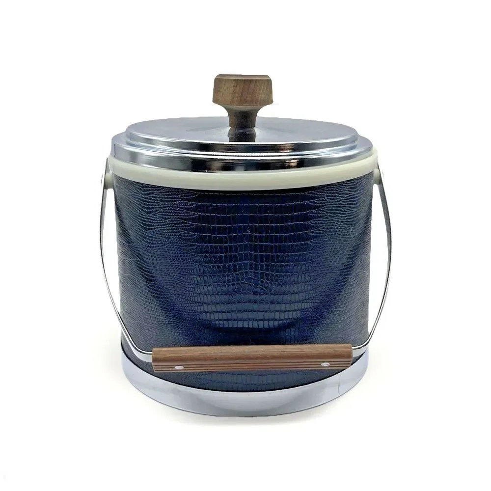 VTG Kromex Black Faux Crocodile Embossed Ice Bucket Silver Tone Handle Lid USA